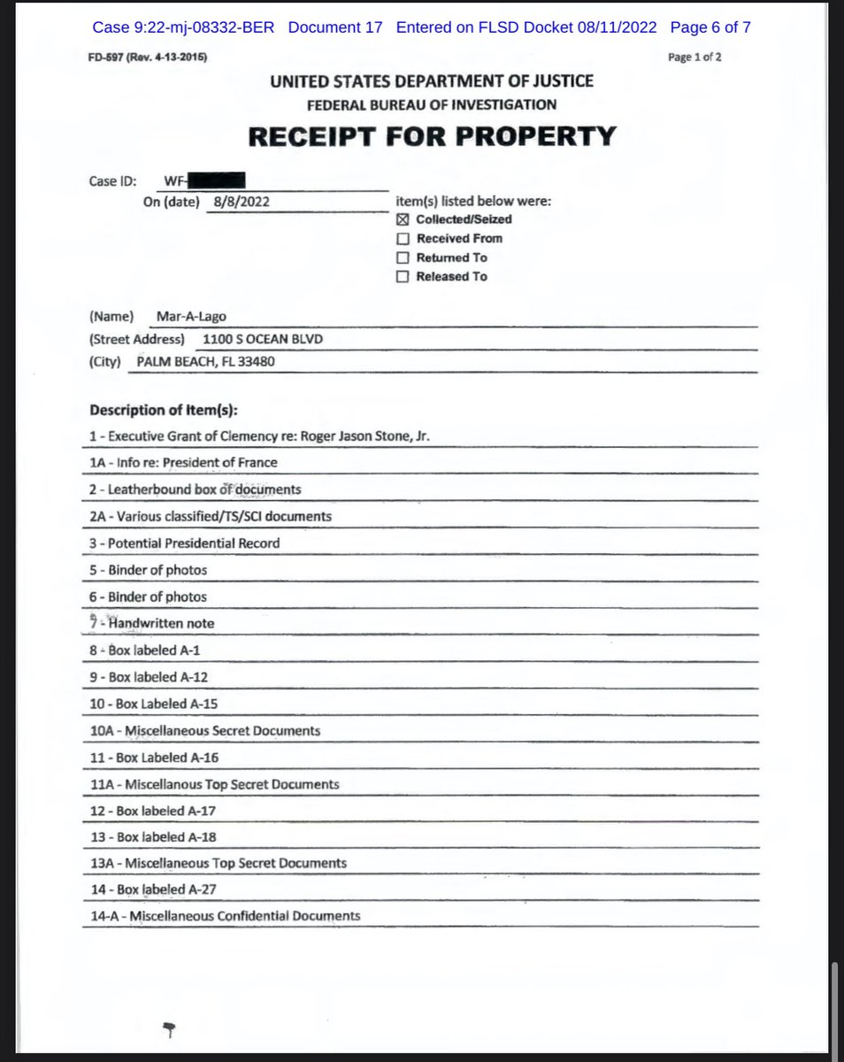 OfficialJoelF's tweet photo. #BREAKING: Search warrant of Donald Trump’s Mar-a-Lago unsealed

Items collected include top secret docs, a handwritten note and binder of photos https://t.co/AN9XWrdYSA