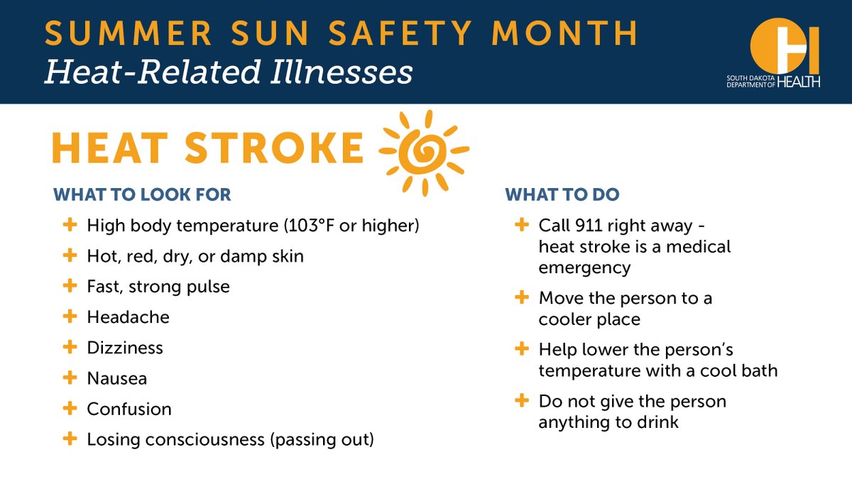 SDDOH's tweet photo. Heat-related illnesses are preventable. Learn the symptoms and what to do if you or a loved one shows signs of having a heat-related illness. https://t.co/NChSQraUah.

#SunSafetyMonth https://t.co/zzsxU41snY