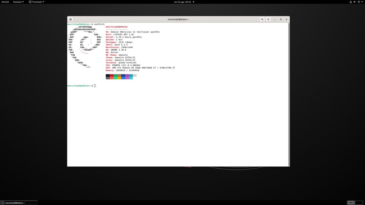 g5_maury's tweet photo. Test Kernel 5.19.1 for Power machine with Debian distro... At the moment it's all ok...! https://t.co/0pE9Cuibnm