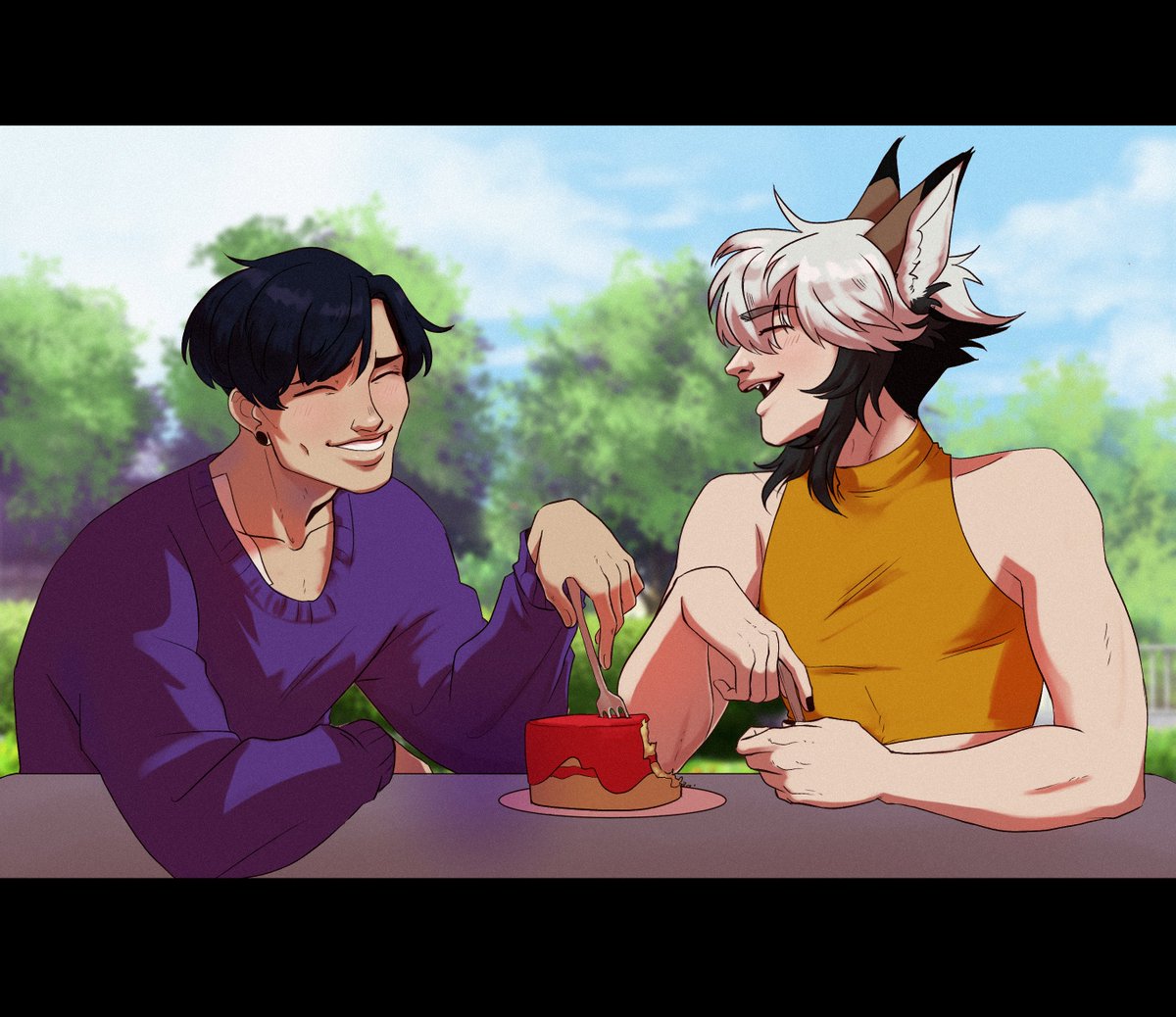 AkusArt's tweet photo. First post is gonna be @Mays_workshop 's boy Haru with my boy Jon having cake 🥺 https://t.co/52hymgOiqp