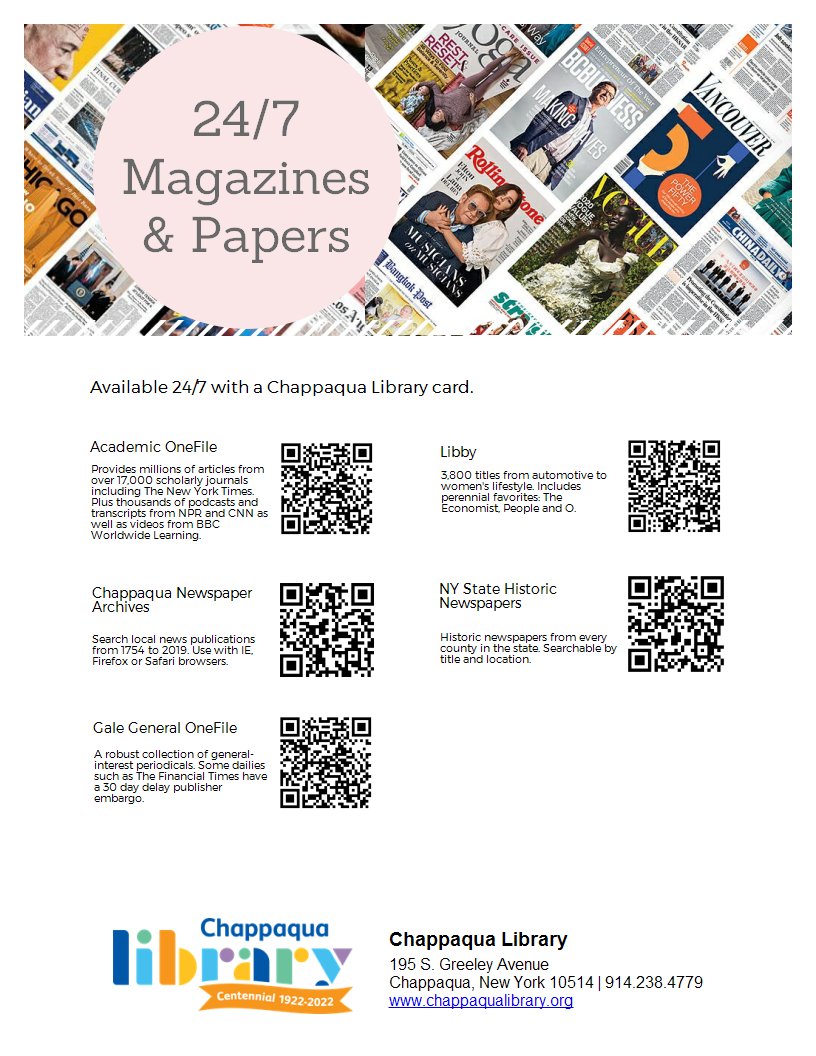 ChappLib's tweet photo. Use the QR codes to access newspapers and magazines at home.
#Chappaqua #Millwood #TownOfNewCastle #LibraryAtHome https://t.co/YZaE5QVMGw https://t.co/BwOZtxr5hG