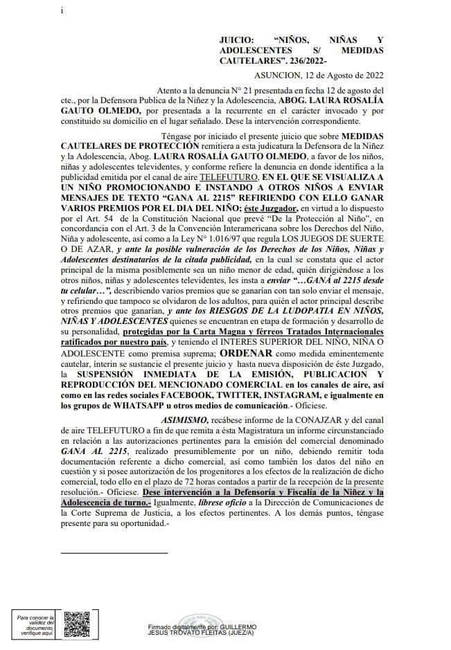 mysoilan's tweet image. #URGENTE Ordenan a los directivos de Telefuro como medida cautelar la suspensión de las pubicaciones en el q se vizualizan a un niño instando a otros niños a enviar mensaje de texto "GANA al 2215" para ganar premios por el dia del niño.