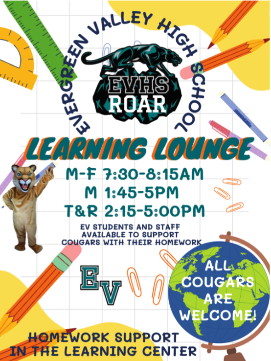EVCougars's tweet photo. Cougars - the EVHS Learning Lounge is BACK!!!  And it is located in the brand new Learning Center!  Come check it out and get help with your homework!! https://t.co/hgCGuXbeFu