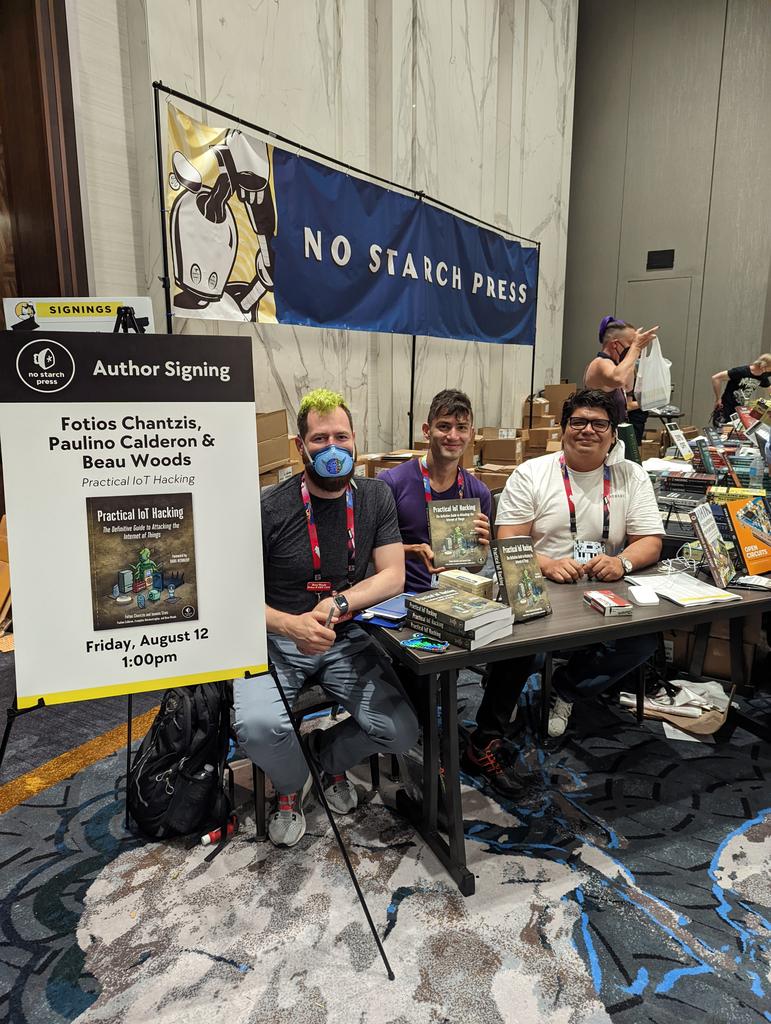 ithilgore's tweet image. Book signing of &quot;Practical IoT Hacking&quot; with co-authors @calderpwn and @beauwoods - @nostarch booth @defcon