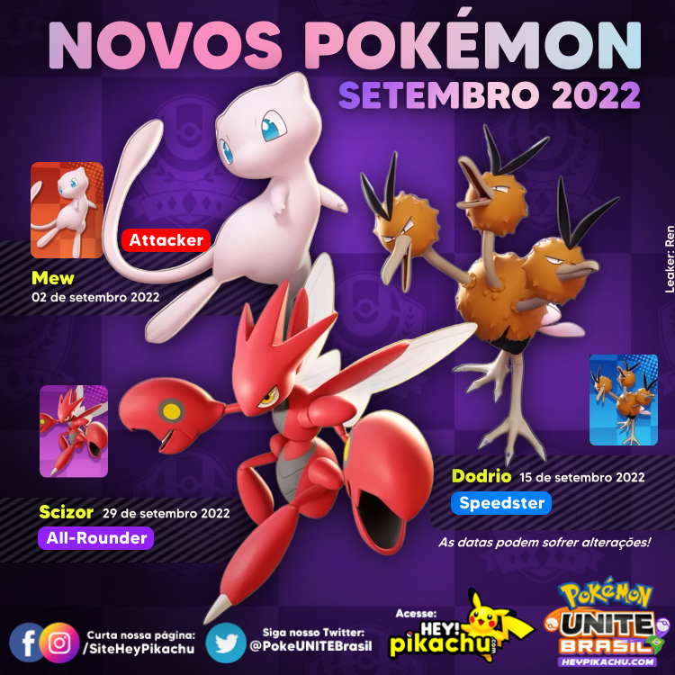 Pokémon UNITE Brasil (News) 🟢 on X: ◓ Fizemos um infográfico mostrando os  próximos lançamentos do #PokemonUNITE. Teremos #Mew, #Dodrio e depois  #Scizor sendo lançado no jogo. Qual desses três você está