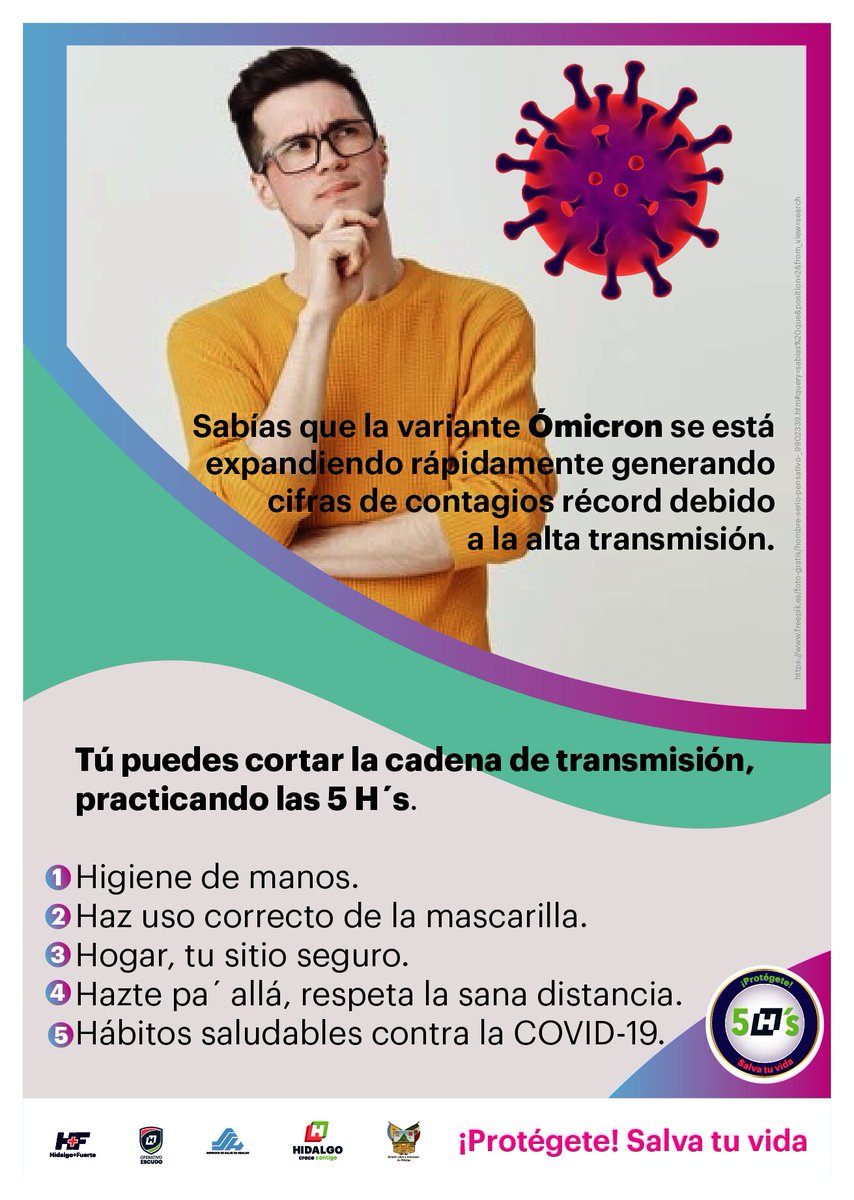 Salud_Hidalgo's tweet photo. Tú puedes cortar la cadena de transmisión de la #Covid-19 y sus variantes como #Ómicron.
Practica las #5Hs y #Protégete.
No bajes la guardia, la pandemia aún continúa. https://t.co/0sCA64lqr9