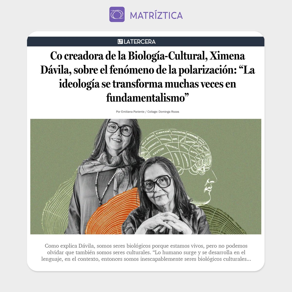 El día de ayer el diario <a href="/laterceracom/">La Tercera</a> publicó una entrevista a nuestra Co-fundadora Ximena Dávila, sobre el fenómeno de la polarización y reflexiones en torno a la biología-cultural y la biología del amar 🌿

Los invitamos a leer la noticia: bit.ly/3bOet19