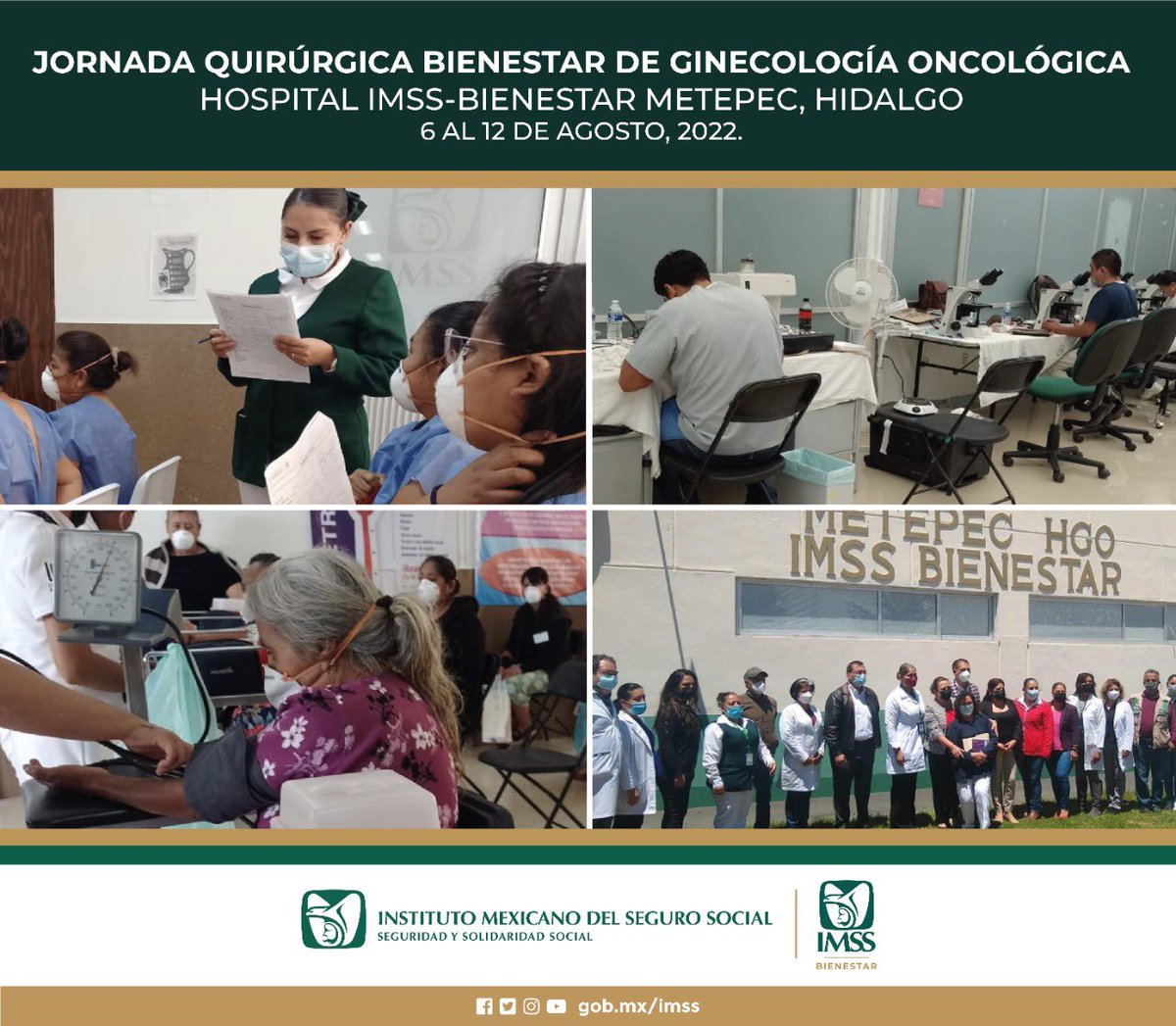 Del 6 al 12 de agosto se llevó a cabo la Jornada Quirúrgica Bienestar de Ginecología Oncológica en el Hospital #IMSSBIENESTAR Metepec en #Hidalgo, con la cual se acercan servicios de salud especializados de forma gratuita a la población.