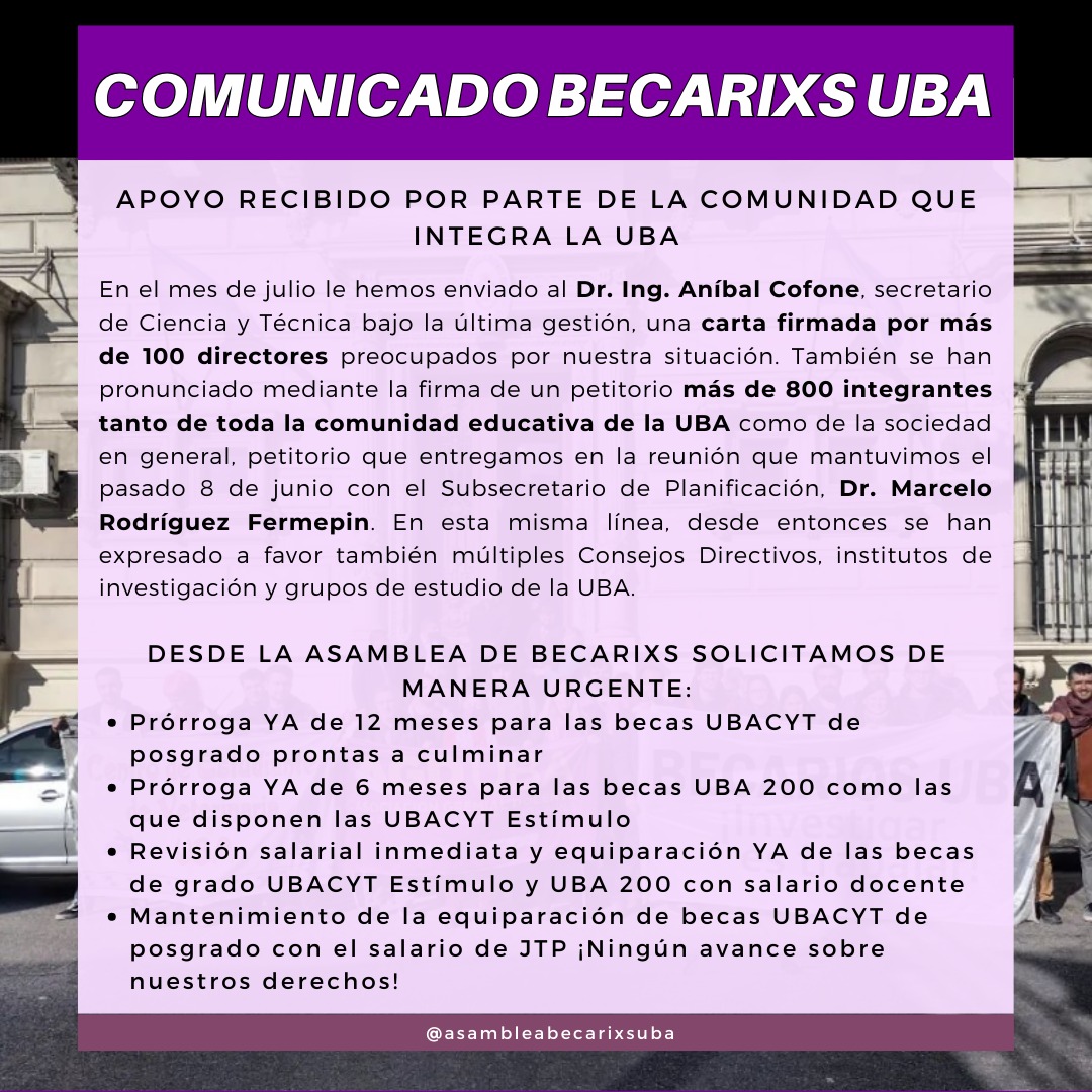 ¡MIÉRCOLES 17/8 MOVILIZAMOS AL RECTORADO!

⚠️ Ante la falta de respuestas, movilizamos. Exigimos:

🚨 Prórroga YA para las becas UBACYT y UBA200
🚨 Mantenimiento de la equiparación de becas de posgrado con el salario de JTP
🚨 Equiparación de becas de grado con salario docente