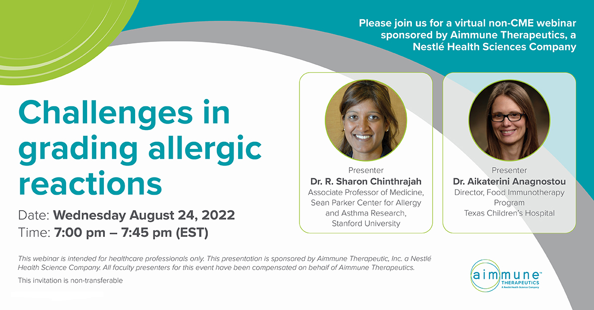 Join us on Wed Aug 24 at 7pm ET to hear Dr. Sharon Chinthrajah and Dr. Katherine Anagnostou discuss challenges in diagnosing and grading food allergy reactions before taking your questions. This webinar is for HCPs only. To register visit aimmuneinstitute.org/medicalwebinar…