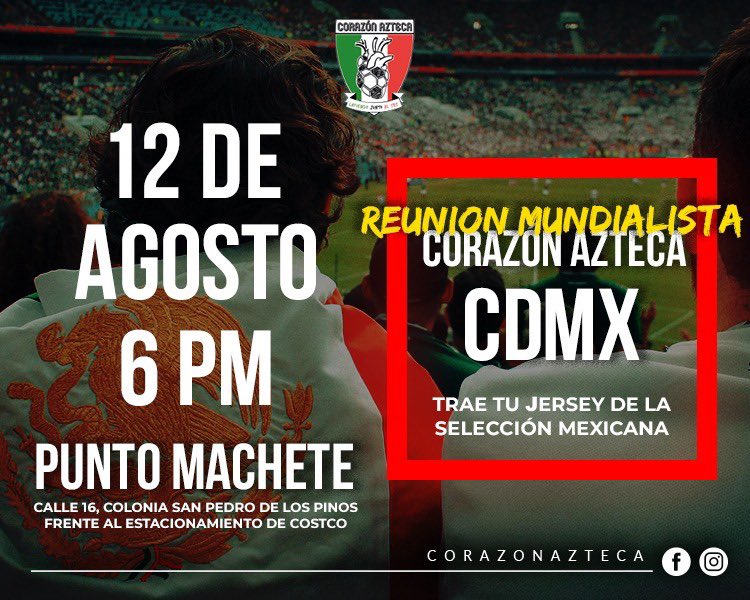 micorazonazteca's tweet photo. ¡Hoy Corazón Azteca está de fiesta, hoy cumplimos 10 años Latiendo Junto al Tri!
Recuerden que hoy tenemos nuestra reunión mundialista a las 6 p.m. en Punto Machete.
¡Ven y celebra con nosotros!🇲🇽💚
#qatar #Qatar2022 #corazonazteca #nosvamosalmundial https://t.co/n6nTqRzHqZ