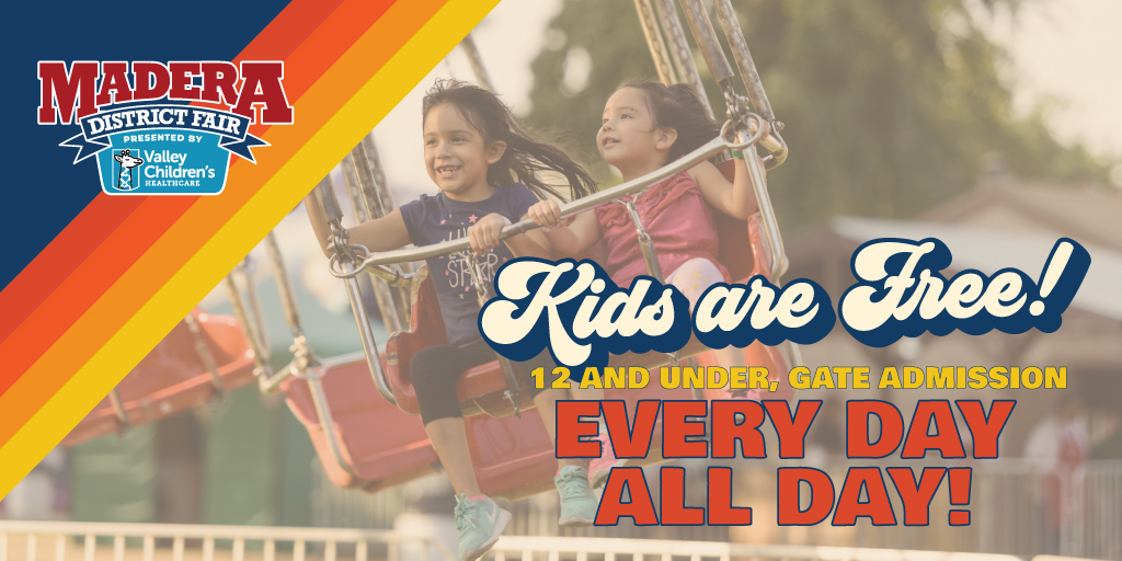 maderafair's tweet photo. FUN FRIDAY FAIR news!!! The 2022 Madera Fair presented by Valley Children's Healthcare has FREE ADMISSION for kids 12 and under EVERY DAY, ALL DAY, September 8-11th. Woohoo!!! Get more details on the Madera Fair at https://t.co/vV75TGYRMj https://t.co/AESJUqmQBI