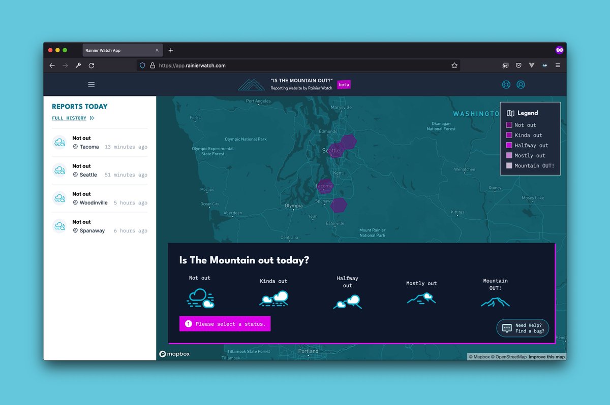 RainierWatchApp's tweet image. Currently in beta testing:
"Is The Mountain Out?" crowd sourced reporting website! 🎉
🏔️ Report the mountain status (5 different statuses)
🧭 Submit from your location
🗺 Peruse other reports on an interactive map
Use it from any device:
isthemountainout.com