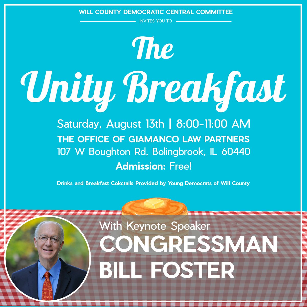 DemocratsWill's tweet photo. Don't forget to attend tomorrow's Unity Breakfast in Bolingbrook, which will include keynote speaker, Congressman Bill Foster! https://t.co/6ljQwqjzNj