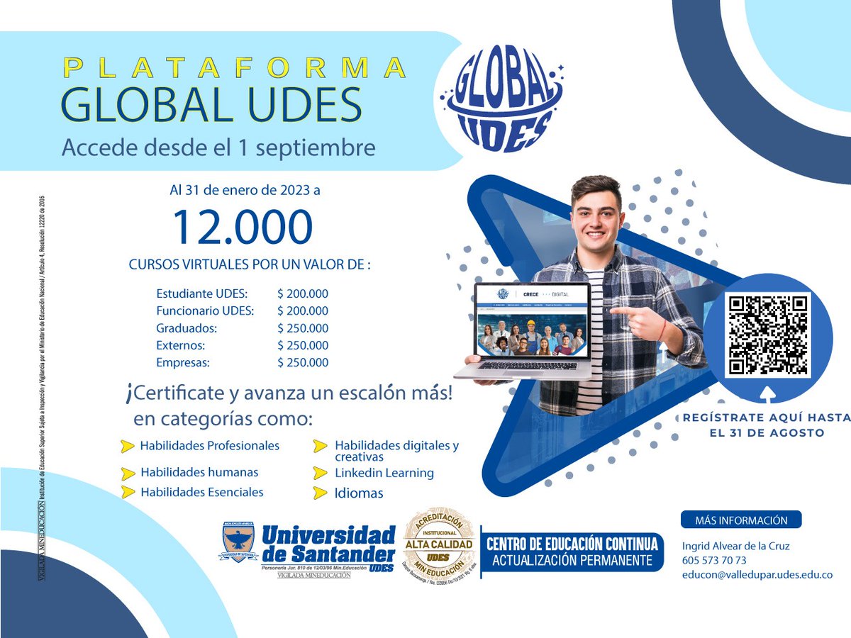 UDES_Valledupar's tweet photo. UDESValledupar l Son más de 12.000 cursos para fortalecer habilidades humanas, esenciales, profesionales y digitales; no re quedes sin participar. https://t.co/fumxRFezZe #UDESigueFormando https://t.co/WxlgfRQ8O4