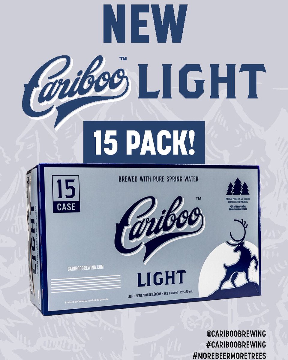 pwbrewing's tweet photo. NEW #CaribooLight 15 packs are Now Available at participating retailers in #BritishColumbia ! 

Looking for a lighter version of our OG Cariboo Genuine? At just 100 calories per 355ml can, this is it!! 🦌

#CaribooBrewing #BooLight #LightBeer https://t.co/8cdjXtj7rV