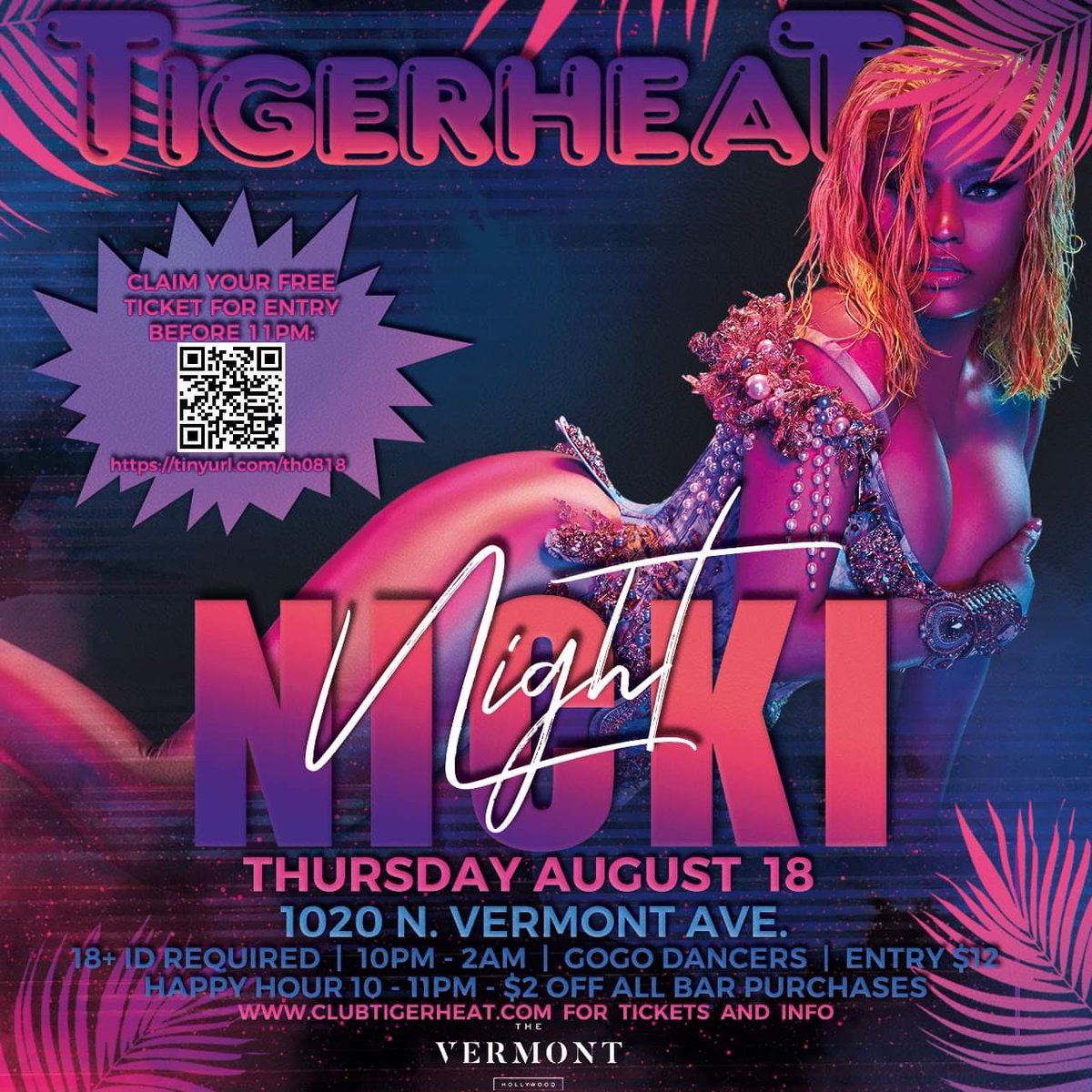 TigerHeatLA's tweet photo. CALLING ALL BARBZ, CALLING ALL BARBZ! We are celebrating the Queen of Rap, Nicki, this Thursday at @vermonthollywood ! Come dance to her best hits, top pop, Latin music, and much more! See you at 10PM! https://t.co/jvzBcNnQvo