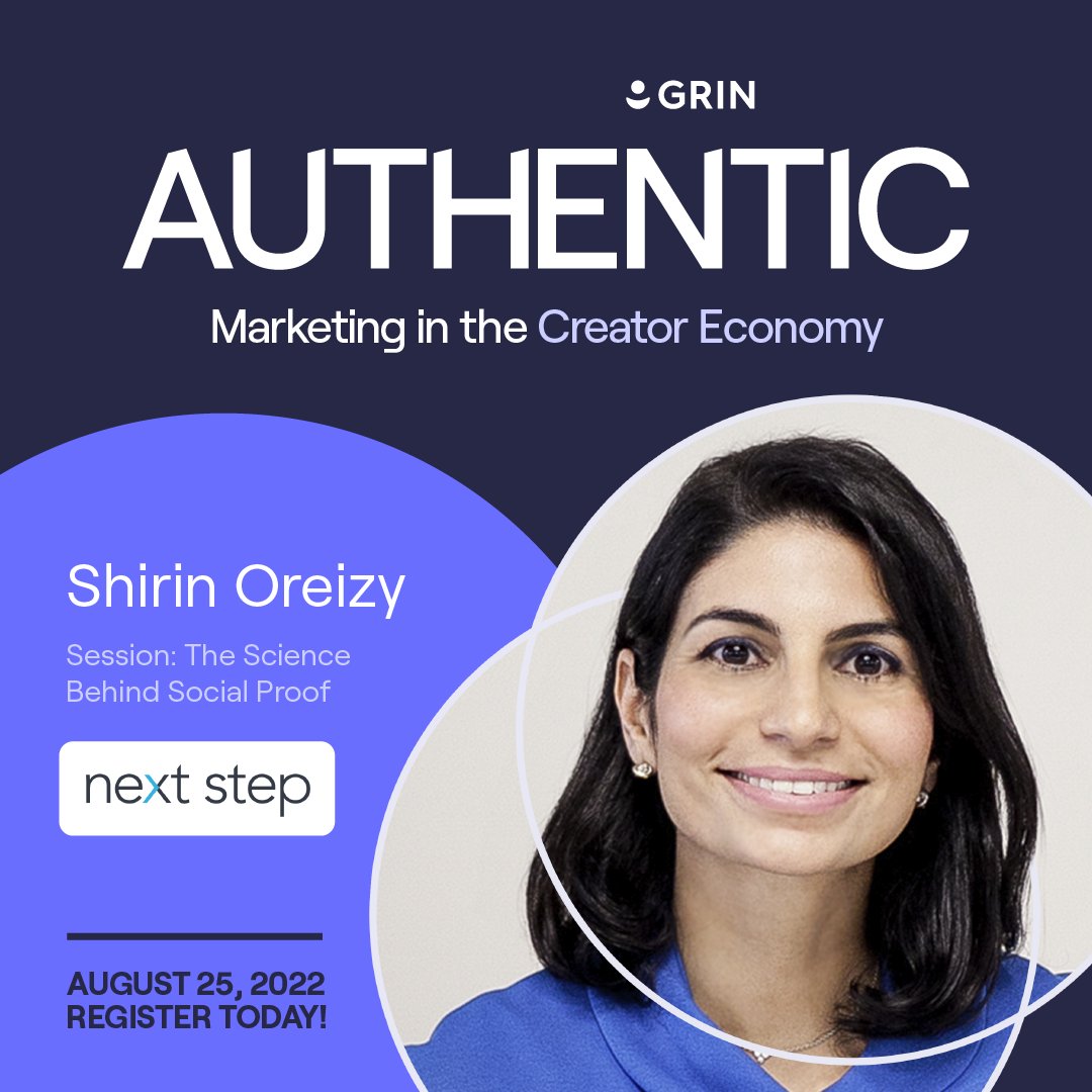 GrowWithGrin's tweet photo. 🎉 SESSION ANNOUNCEMENT 🎉 

Join GRIN at our event, AUTHENTIC featuring @Shirin Oreizy, Founder and CEO at @Next Step for our session, "The Science Behind Social Proof".
Don't miss out! https://t.co/it9DL0hW26

#Authentic2022 #AUTHENTIC #CreatorEconomy #Everlane #GRIN https://t.co/ThsIpSALi8