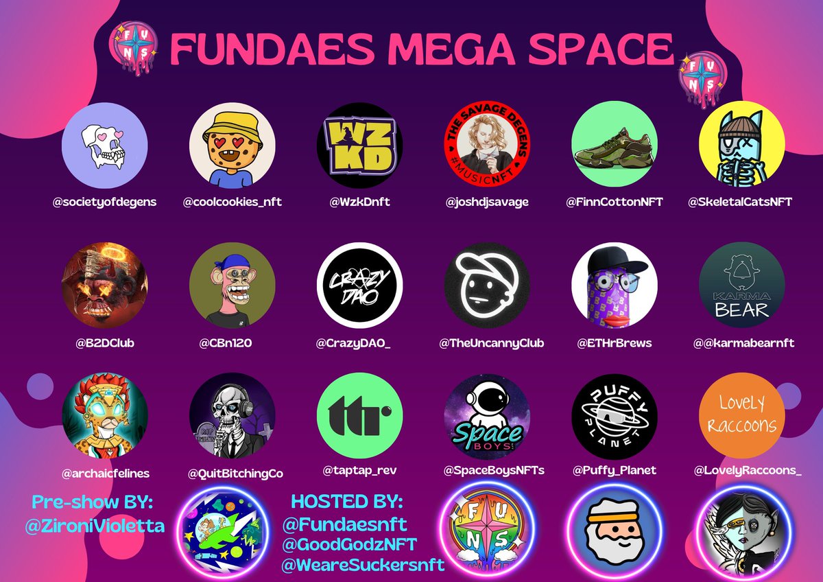 Fundaesnft's tweet image. Fundaes Mega Space this Saturday at 5pm EST

Join us for a great time with Music and Giveaways

Giving away a FREE Fundaes #NFT on this Tweet 🎉

To Win: 
1) Follow @Fundaesnft 
2) RT + Tag 3
3) Must be in the space to claim: