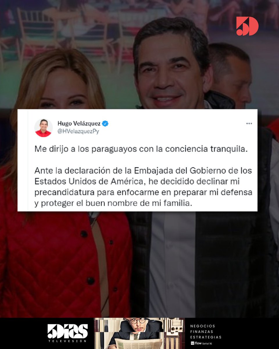 5DiasPy's tweet photo. 𝗔𝗛𝗢𝗥𝗔 | 🔴
#HugoVelazquez se pronunció finalmente en sus redes sociales acerca de la designación de @laembajada 🇺🇸 como significativamente corrupto: https://t.co/mCDuD23YI1