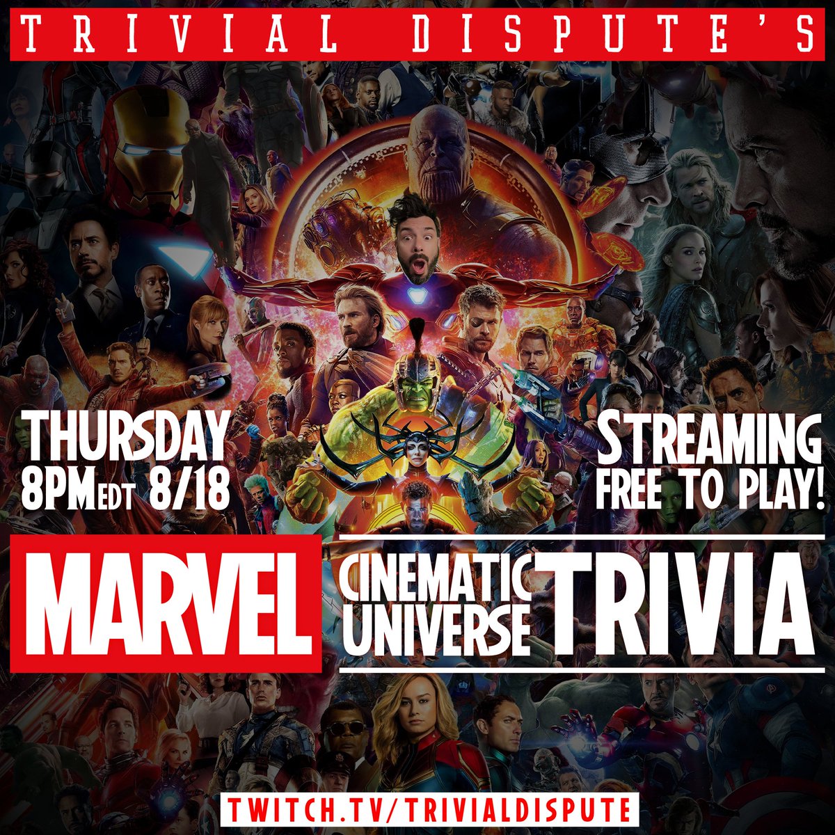 trivialdispute's tweet photo. Next Thursday, it's the return of MARVEL CINEMATIC UNIVERSE TRIVIA!
You've got 146 hours to watch 29 movies and 7 TV Series before joining us at 8pm on Thursday the 18th for a brand new night of MCU trivia!
Free to play!
https://t.co/2mtjLrZUXm
#MarvelTrivia #mcutrivia https://t.co/FOWp1GP1qd