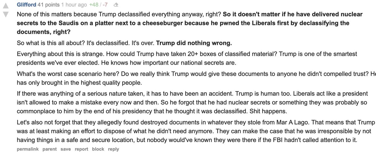 oneunderscore__'s tweet photo. I mean this sincerely: There is absolutely no scenario where Trump's diehard base abandons him.

"It doesn't matter if he have delivered nuclear secrets to the Saudis on a platter next to a cheeseburger... Trump did nothing wrong." https://t.co/1ICqvlh1QO