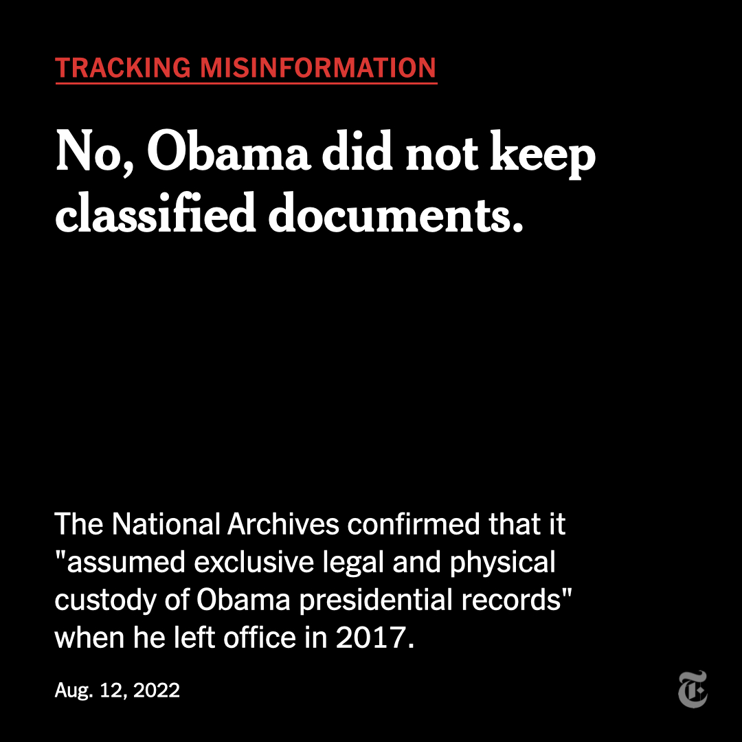 nytimes's tweet photo. Contrary to Donald Trump's claim, Barack Obama did not keep his documents — classified and unclassified — as required under the Presidential Records Act of 1978, the National Archives and Records Administration confirmed on Friday. https://t.co/u467Fc4d5q https://t.co/6j2ty7ydiP