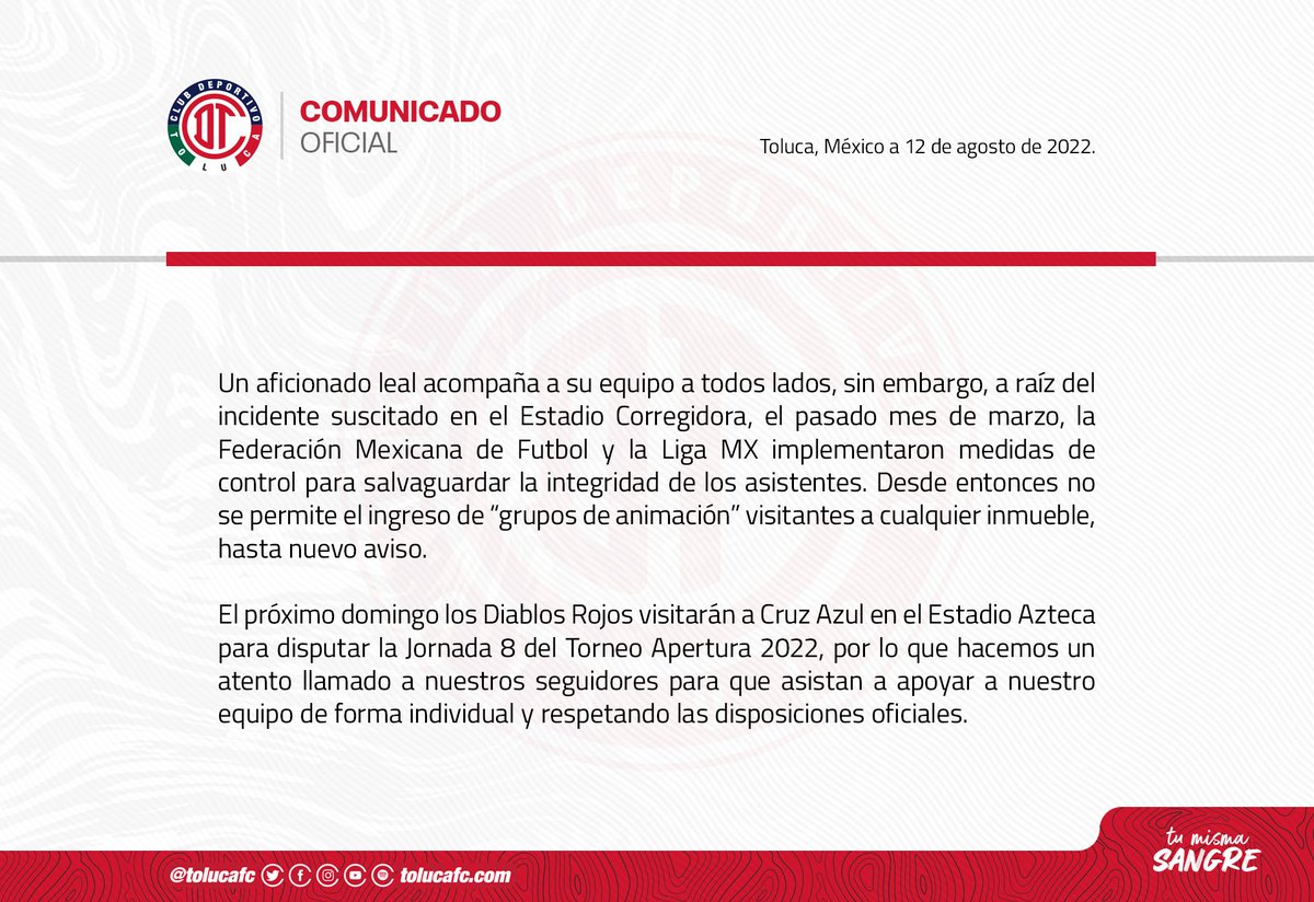 TolucaFC's tweet photo. 📄| 𝗖𝗼𝗺𝘂𝗻𝗶𝗰𝗮𝗱𝗼 

Diablos Rojos, los invitamos a respetar todas las disposiciones oficiales este domingo en el Estadio Azteca. @LigaBBVAMX

#𝗧𝗼𝗹𝘂𝗰𝗮𝗙𝗖 | #TuMismaSangre https://t.co/cDRqvjNayw