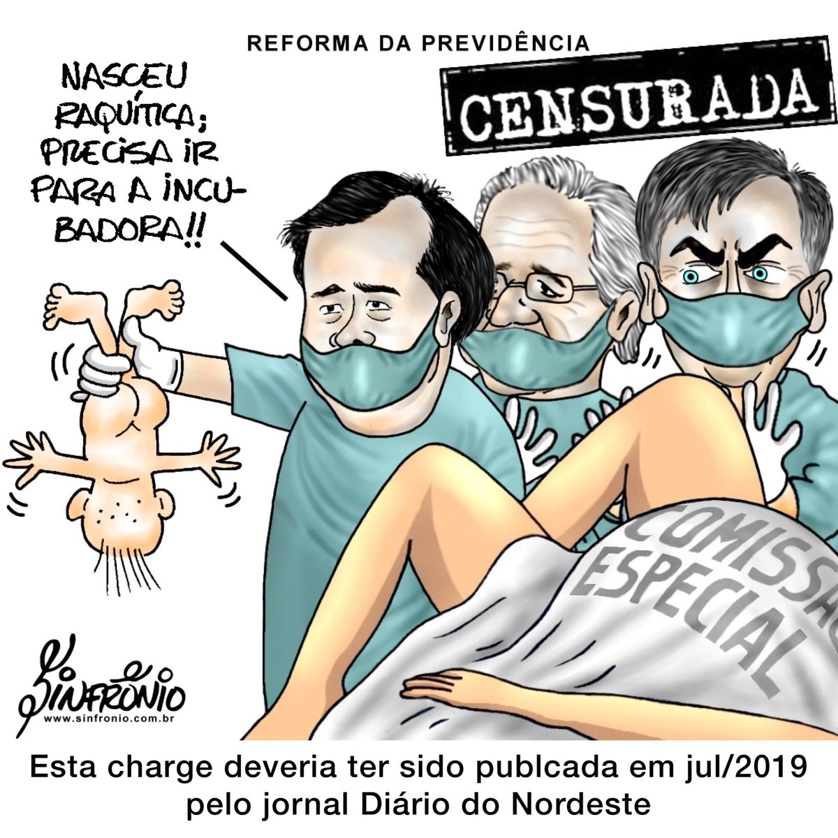 Sinfronio1's tweet photo. CHARGES CENSURADAS #censura #liberdade #imprensa #liberdadedeimprensa #jornal #noticias #fatos #expressao #charge #humor #cartum #previdencia #parto #bolsonaro #rodrigomaia https://t.co/Ir9HjWD4uj