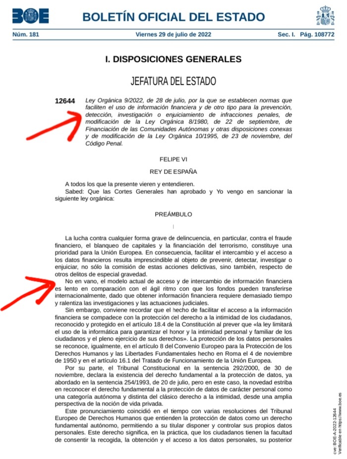 FAsintomatico's tweet photo. No han pasado ni 15 días y ya ni te acuerdas de que la Ley Orgánica 9/2022, de 28 de julio, habilita a que se puedan investigar tus bienes y propiedades "sin orden judicial alguna". 
Pero ésto es por el bien común y lo importante es que el Rey no se levantó al paso de una espada. https://t.co/6zU1fUJPJb