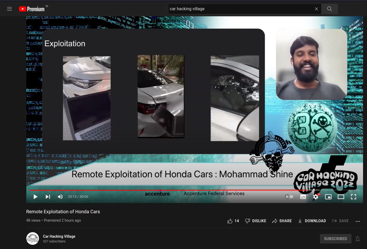 Watch "Remote exploitation of Honda cars" youtube.com/watch?v=y4Uzm-… 
<a href="/CarHackVillage/">Car Hacking Village</a> <a href="/defcon/">DEF CON</a> 
#DEFCON30