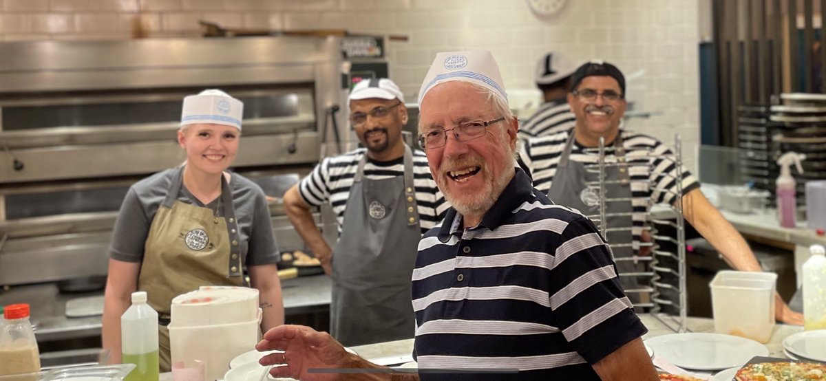 mrmattkuhn's tweet photo. When my 78 year old Dad wears the same uniform as the whole Pizza Express crew at Rochester, and expects a free beer for the privilege . @PizzaExpress https://t.co/ArGhYtu12C