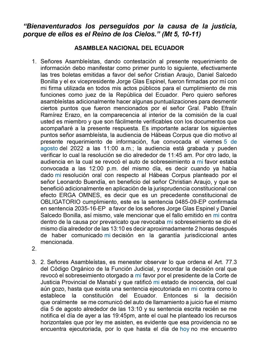 ecuainm_oficial's tweet photo. ‼️ URGENTE 
En un documento enviado a la Asamblea Nacional, el juez Banny Molina, que dejó en libertad a Jorge Glas y dos personas más, confirmó que las firmas para emitir el Habeas Corpus del exvicepresidente son válidas y que no habría excusa para no dejarlo en libertad. https://t.co/Isz6J5WMkV