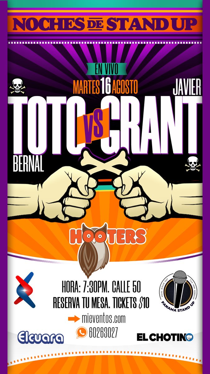 Este próximo Martes 16 de Agosto 2022
Nos vemos en Hooters! 
PELEA DE STAND UP COMEDY!!!
TOTO vs. GRANT
<a href="/HootersPanama/">Hooters Panamá</a> 
mieventos.com/event-detail/n…
