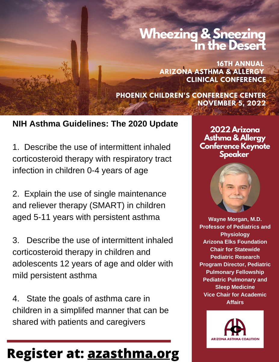 UArizonaPPC's tweet photo. Register for the 16th Annual Arizona Asthma &amp; Allergy Clinical Conference: Wheezing and Sneezing in the Desert featuring Wayne Morgan, MD as the Keynote Speaker! Register at: https://t.co/IyETWXnQaM 
#asthma #allergy #ppc #pulmonary #NIH https://t.co/zCrawmIK6j