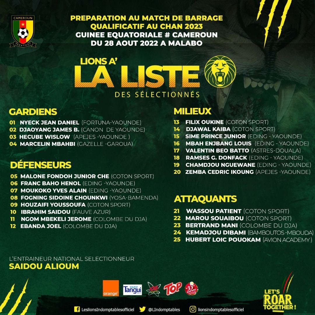 List of intermediate Lions to face Equatorial Guinea on the Auguest 28, 2022 in Malabo.

<a href="/GoueWassou/">Wassou Goue Patient</a> <a href="/malone_che/">Che Malone</a> <a href="/aliouuum_s/">Alioum</a> <a href="/SamuelEtoo/">Samuel Eto'o</a> <a href="/FecafootOfficie/">Fecafoot-Officiel</a>