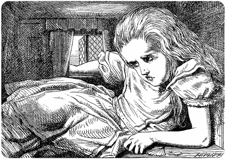 Alice experiences total-body macrosomatognosia. Black and white illustration by John Tenniel (1865)
