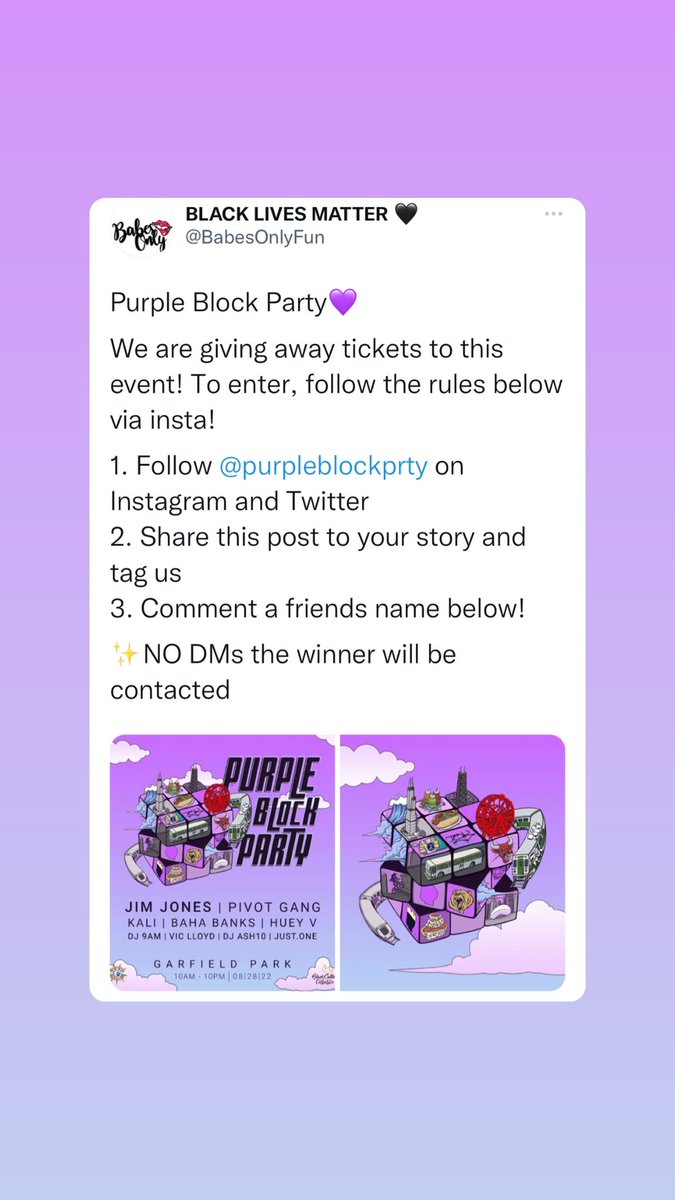 SwankPR's tweet photo. #Repost @BabesOnlyFun is giving away tickets to @purpleblockprty! Head over to their socials follow these directions tag @babesonlyfun @purpleblockprty for your chance to #win 🏆
#pbp #swankpr #babesonly https://t.co/KbxLXIKK4n