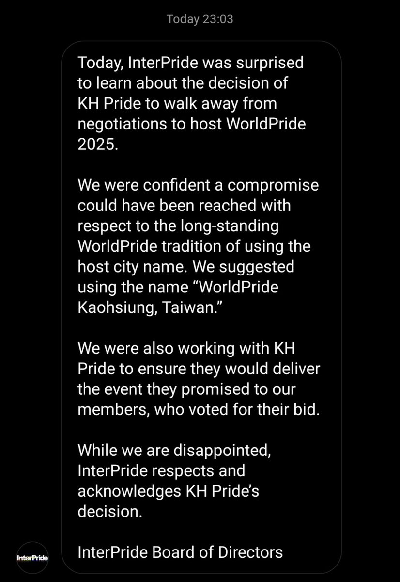 JingJieChen1's tweet photo. After publicising the cancellation of #WorldPride #Taiwan, @InterPride messaged me expressing their 'disappointment' about #KHPride's decision, again, refusing to say 'World Pride Taiwan', with no explanation of what suddenly blocked the process.
@MOFA_Taiwan @WorldPride2025 https://t.co/b3hpvpDiqM