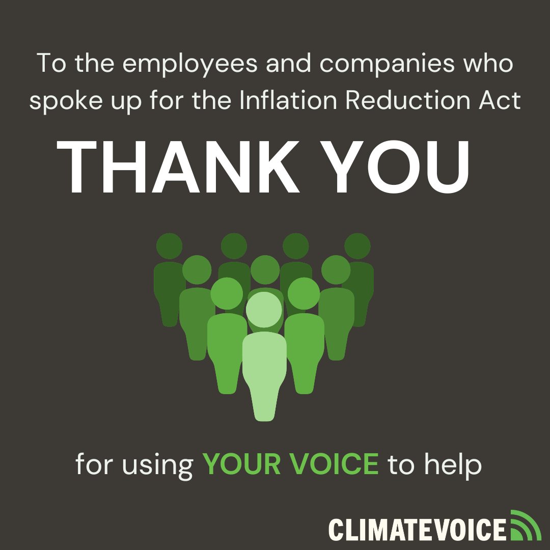 ClimateVoiceOrg's tweet photo. Historic #ClimateAction! Big win passing the #InflationReductionAct, investing $369B in clean energy & cutting emissions 40% by 2030. TY to companies who were vocal, no thanks to those who let anti-climate trade associations speak for them. Onward! It’s still #GoTimeForClimate! https://t.co/WjwC8NDGvC