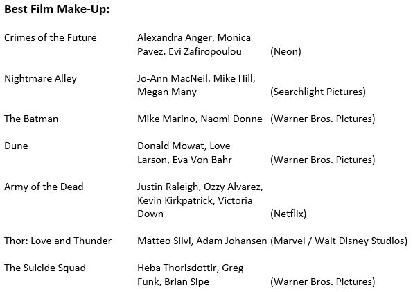 SaturnAwards's tweet photo. (4/4) The #SaturnAwards will be live streamed on @ElectricNow1 on Oct. 25th!
Who do you think is winning Best Film Make-Up!?
#ThorLoveAndThunder- #MatteoSilvi, #AdamJohansen
#TheSuicideSquad- #HebaThorisdottir, #GregFunk, #BrianSipe https://t.co/4dv9LSWdON