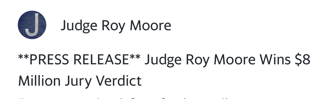 RealJudgeMoore's tweet image. This is a huge blow to major super PAC out of WaDC. that interfered in a senate election in the state of Al. The people of this state are tired of dirty politics and attempts by the establishment in Wa DC to control who the people of this state elect to the United States Senate.