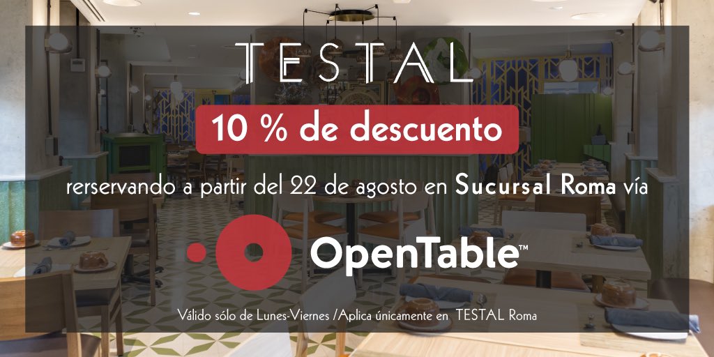 RTestal's tweet photo. ¡10% de Descuento en tu cuenta general!  Válido únicamente en TESTAL Roma reservando por #OpenTable de Lunes-Viernes.   #TESTALROMA #restaurantetestal #cdmx https://t.co/6JXTlrNJi9