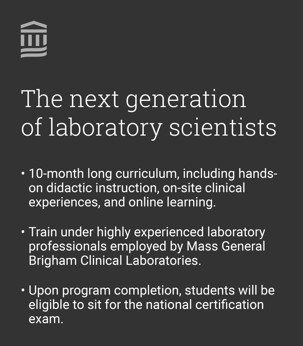 Apply to the Mass General Brigham Medical Laboratory Science Training Program, now accepting applications for January 2023. Join our LinkedIn information sessions or visit our website to learn more. bit.ly/3dlaVUb