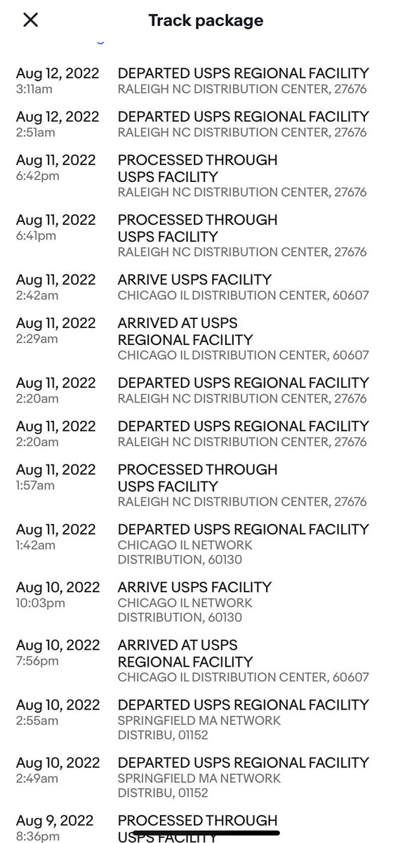 northsidefour's tweet photo. Tracking on a package from MA to Chicago. Via NC. Twice. It made it to Chicago and then was sent back to a place it should never have been? 
Did Trump steal the keys to the post office? #usps #nincompoop #MarALagoWarrant https://t.co/ySlmTdgEJ9
