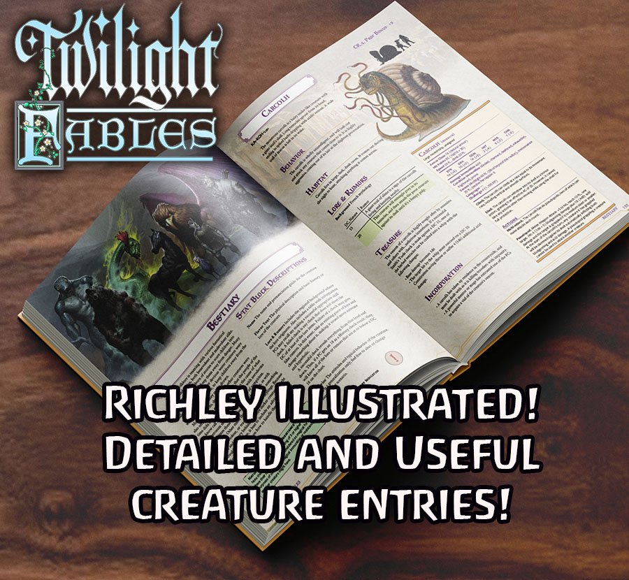 PrintNinja's tweet photo. Twilight Fables is a 5e supplement book bringing the original folklore and mythology into your game with new creatures and PC options! Funding ends 8/18!
https://t.co/TqYqEis9CX
https://t.co/JNVQV1sekE
@IzegrimC
#dnd #5e #dnd5e #ttrpg #monstermanual #dnd5esuppliment #dmtool https://t.co/QtuoO9zx9b