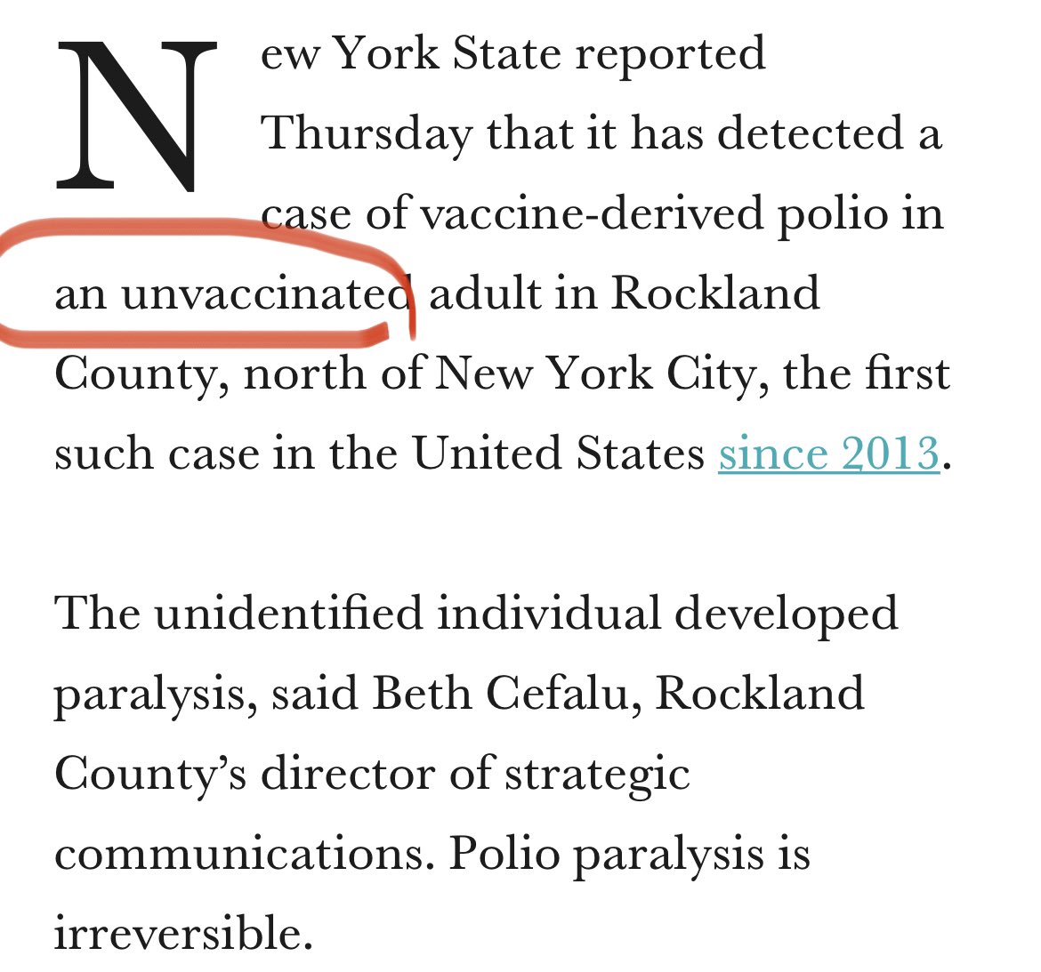 🔔 the adult who contracted poliomyelitis was UNVACCINATED. If you’re up-to-date with your polio vaccine, you are protected against the wildtype & vaccine-derived poliovirus (VDPV), regardless of genetic changes, b/c the vaccine exposed you to the full virus, not just part of it