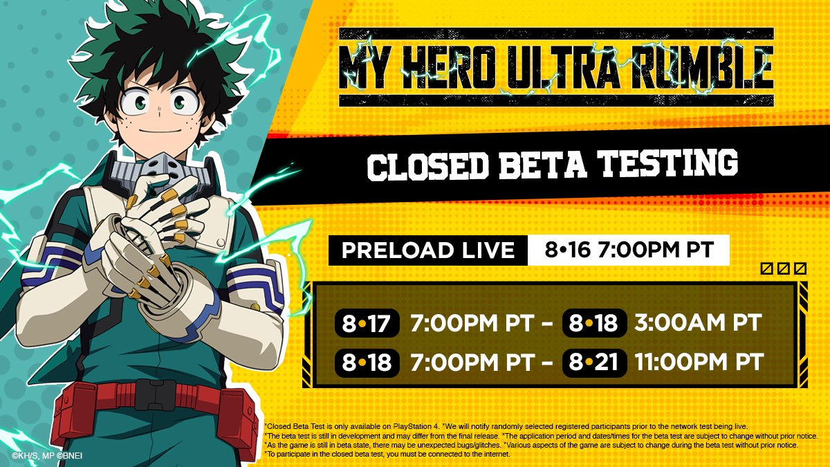 MY HERO ULTRA RUMBLE on X: Heroes-in-training, it's almost time to suit  up! The MY HERO ULTRA RUMBLE Closed Beta Test begins 8/17. Selected  participants will receive their access codes via email