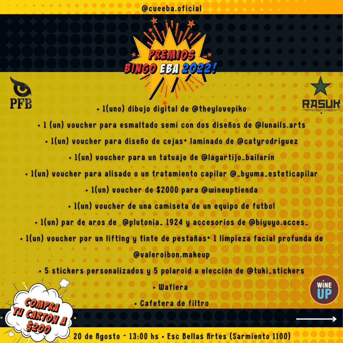 Cueebaoficial's tweet photo. ⚜️ BINGO EBA 2022 ⚜️

Les invitamos a una tarde de bingo con premios imperdibles¡! 

Para comprar tu cartón comunícate con: 
Luna Guiot 381 614-1412 
Emi Argañaraz 381 462-6242
Ro Diaz 381 469-4374
o con cualquier miembro del CUEEBA !! https://t.co/idL7Df7RAX