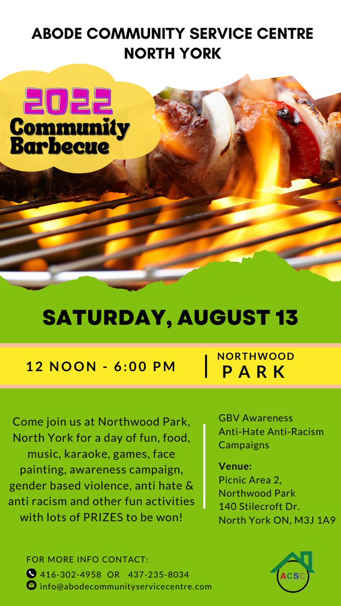 Come join us tomorrow August 13 at Northwood Park, North York for a community barbecue day!